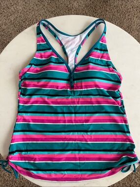 Aqua Couture Tankini Swim Top, Medium, Teal, Pink, Black, Striped, Racerback